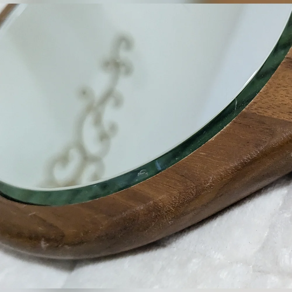 Antique Beveled Wooden Inlayed Hand Held Mirror Art Deco Handmade